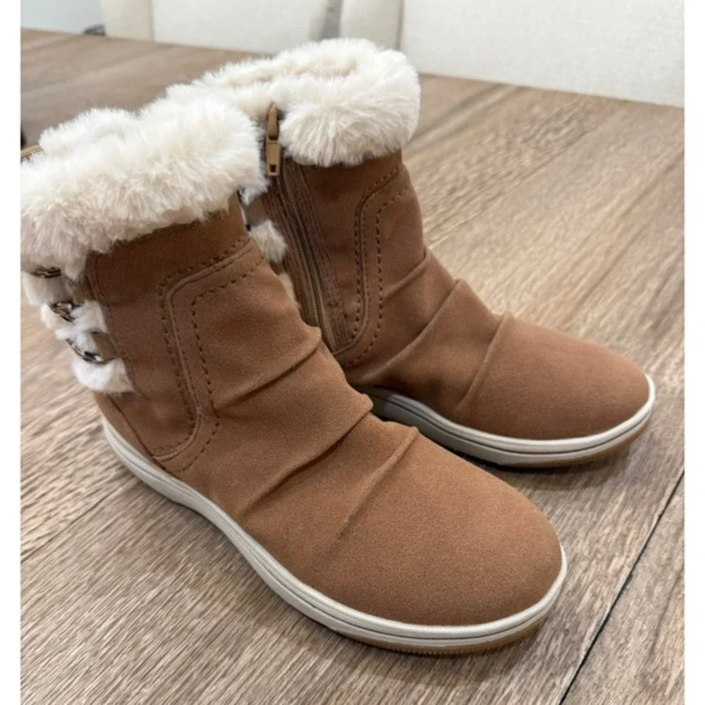Clark's Brown Faux Suede Fur Trim‎ Ankle Boots Side Zip Size 5